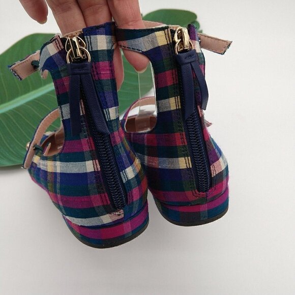 J Crew Poppy Plaid 2 Ankle Strap Ballet Flats Size 8 Purple Madras Rare Festive - Picture 5 of 7